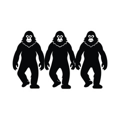 Three Silhouetted Bigfoot Figures Walking Together in a Row on a White Background Creating a Simple and Graphic Illustration of the Cryptid Creature