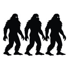 Three Black Silhouettes of Cryptid Creatures Marching Forward in Unison Representing the Mythical Bigfoot or Sasquatch on a Plain White Background The image
