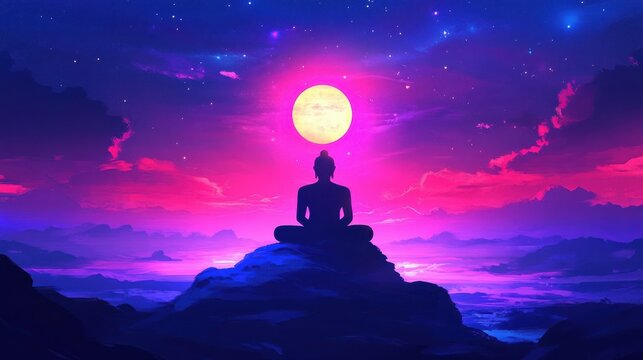 A vibrant cartoon illustration of a peaceful Buddha silhouette meditating, capturing the essence of Makha Bucha Day