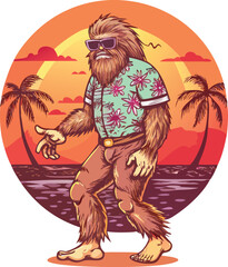 Aloha Bigfoot A Tropical Vacation Illustration Featuring a Hairy Creature Wearing Sunglasses and a Hawaiian Shirt Against a Sunset Beach Backdrop This illustration