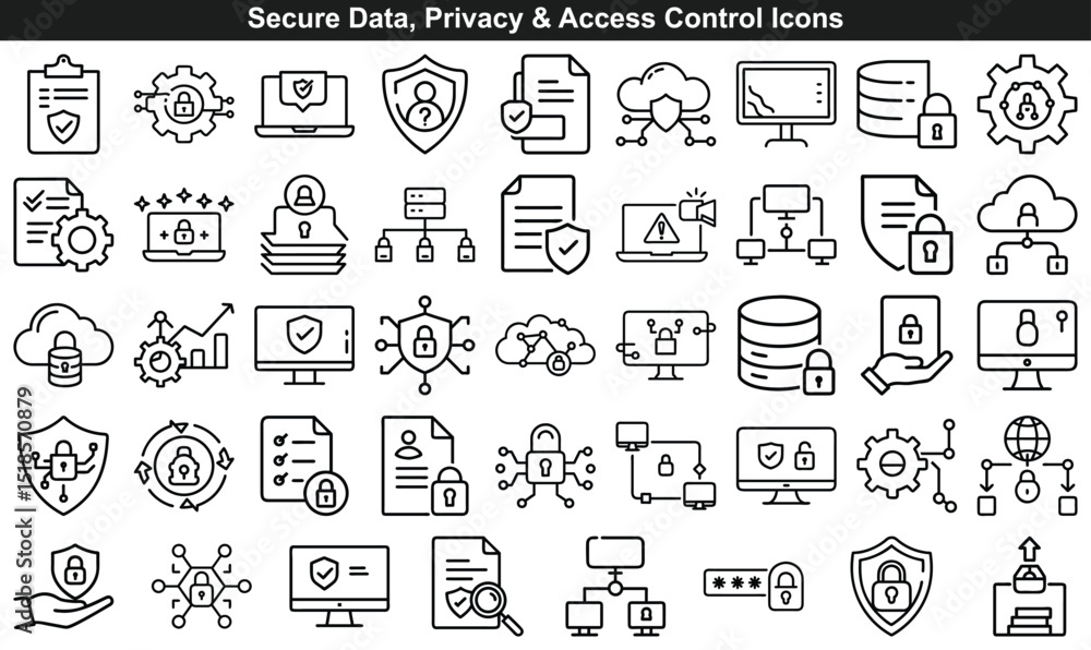 Poster data security and access control icon set featuring padlocks, shields, and network elements