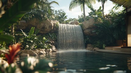 Tropical waterfall cascading into a tranquil pool.