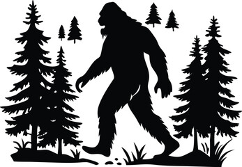 Fototapeta premium Silhouette of Bigfoot Walking Through a Forest of Evergreen Trees Mysterious Creature in its Natural Habitat Black and White Illustration black silhouette depicts