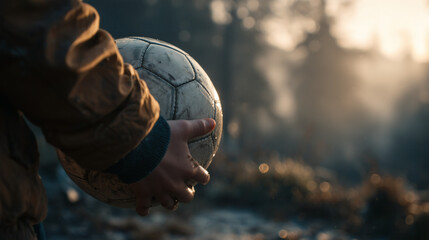 Ni&ntilde;o sostiene bal&oacute;n de f&uacute;tbol en campo al atardecer