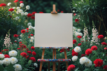 A blank canvas awaits inspiration in a garden full of blooming flowers.	
