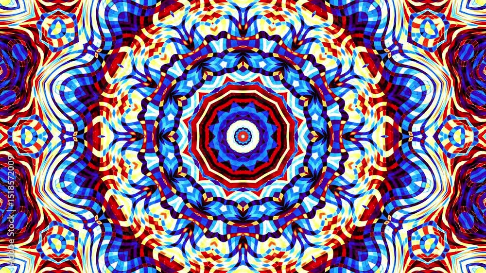 Poster abstract colorful mandala with symmetrical patterns in red, blue, and orange. loop mandala