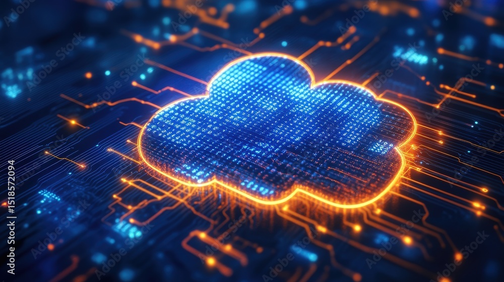 Poster digital cloud representation on a complex circuit board.
