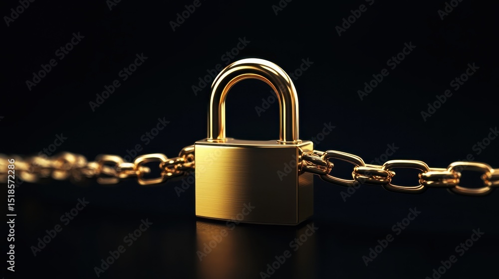 Poster a secure padlock with a golden chain on a dark black background representing safety.