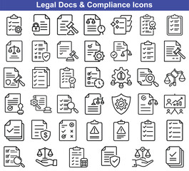 Legal Documents and Compliance Icons Agreement, Checklist, Scales of Justice, and Business Symbols