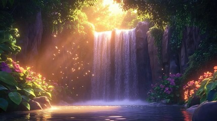 Lush waterfall cascading into a tranquil pool in a serene garden setting.