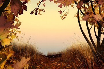 Serene autumn landscape with a leaf-strewn path leading through a forest toward a glowing golden sunset