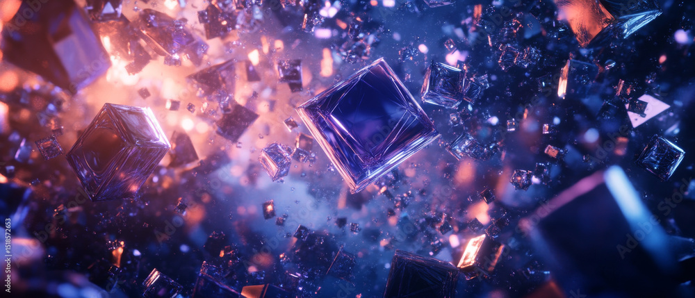 Poster mesmerizing abstract scene featuring floating geometric shapes in vibrant hues of purple and blue, c