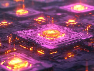 Digital artwork showcasing intricate circuit designs with glowing elements vibrant purple and orange hues, creating futuristic and technological atmosphere. composition highlights complexity