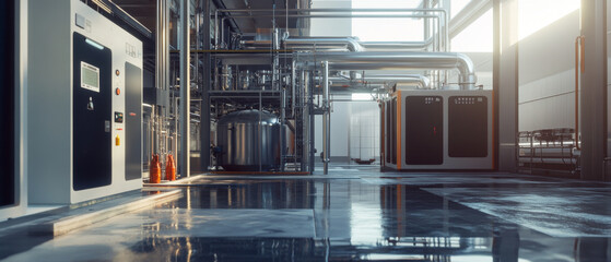 Detailed realistic water recycling system setup showcasing industrial machinery and piping in modern facility. environment reflects advanced technology and efficiency, emphasizing sustainability