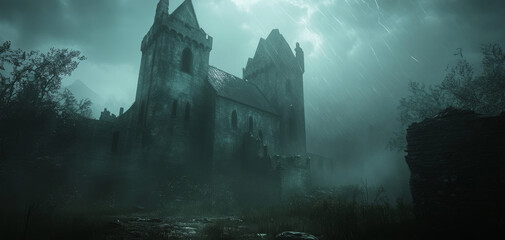 Hauntingly beautiful dilapidated castle stands amidst foggy landscape, shrouded in mystery and surrounded by dark, ominous clouds. atmosphere evokes sense of eerie tranquility