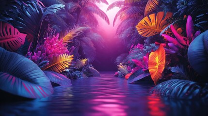 Vibrant tropical foliage thrives along a placid body of water.