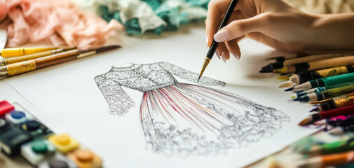 Fashion designer sketching new clothing collection, showcasing intricate lace details and vibrant colors. creative process is filled with inspiration and artistic expression