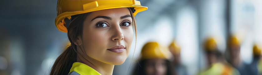 Female construction worker wearing yellow hard hat and safety gear looks confidently at camera, showcasing her determination and professionalism in construction environment