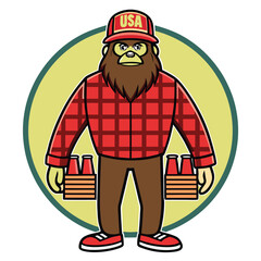Cartoon Bigfoot Character Wearing a USA Cap and Red Plaid Shirt Carrying Two Six Packs of Beer in Front of a Circle cartoon