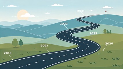 Road to success concept illustration depicting business milestones and future goals on a winding journey towards achievement and progress