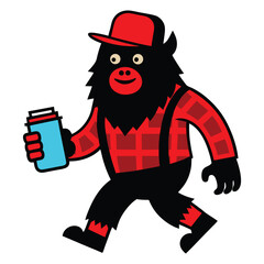 Cartoon Lumberjack Sasquatch Mascot with Plaid Shirt and Red Cap Holding a Blue Drink on a White Background is Walking cartoon image shows