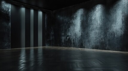 Contemporary empty dark black wall gallery interior with mock up place and reflections on wooden parquet flooring. Art, no people, museum and exhibition concept. 3D Rendering illustration , no logos,