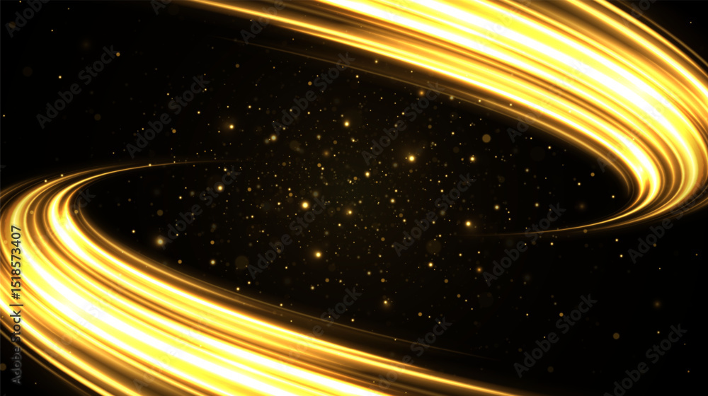 Wall mural luminous round golden trail with glowing wavy lines on a dark background. sparkling particles create