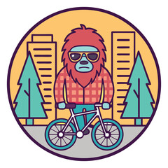 Cartoon Sasquatch Cyclist in Urban Landscape A Whimsical Illustration of a Cryptid Riding a Bike with City and Nature Elements cartoon illustration features