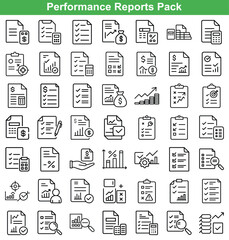 Line Art Performance Reports Icon Collection Financial Documents, Checklists, Statistics, Data Analysis, and Business Metrics