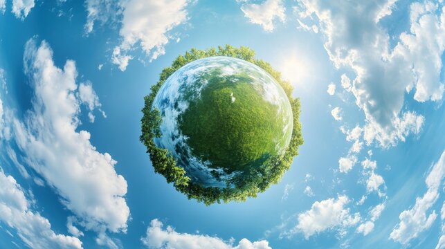 simple green tiny planet without buildings in blue sky with beautiful clouds. Transformation of spherical panorama 360 degrees. Spherical abstract aerial view. Curvature of space.