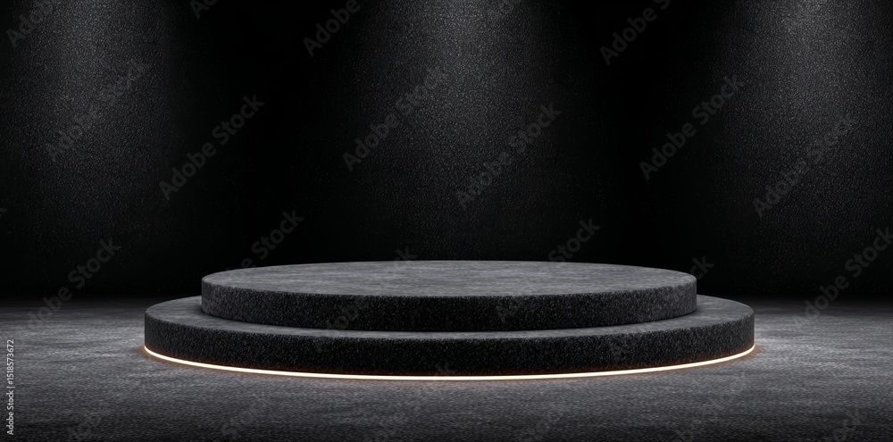 Poster the image features a black stand podium on a pedestal and platform display, situated in a dark room 