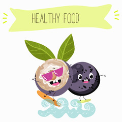 jaboticaba fruit cute funny cheerful characters. Vector hand drawn  illistration.