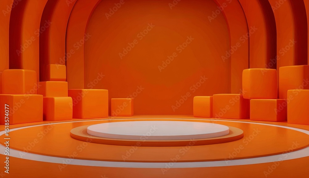 Poster empty orange cube geometric pedestal and 3d display platform stage on a product background in a stud