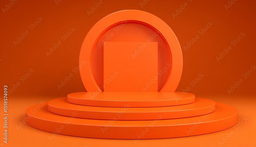 Poster d display platform and empty orange cube pedestal on a geometric stand for a product showcase with a