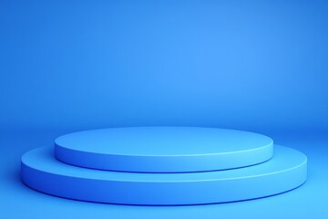 A modern studio backdrop featuring a blue podium stage with a 3D background of empty space serves as a presentation display or a blank pedestal on a geometric product stand and dark platform template
