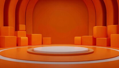 Empty orange cube geometric pedestal and 3D display platform stage on a product background in a studio space or blank presentation exhibition with mockup steps and advertising backdrop showcase