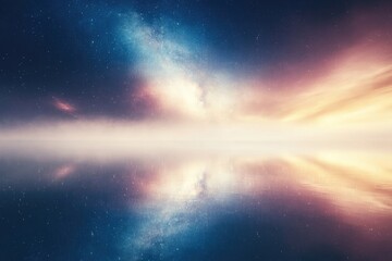 Fototapeta premium A mesmerizing scene of the night sky mirroring perfectly on calm water, blending earth with cosmic wonder in a dreamlike panorama.