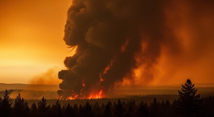 Large forest fire with massive dark smoke covering horizon at sunset. Wildfire disaster in summer, environmental pollution concept.