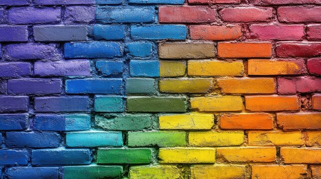 brick stone wall painted in the colors of the lgbt flag and rainbow, abstract texture background wallpaper for product presentation close up full screen, queer lgbtq pride month - Powered by Adobe