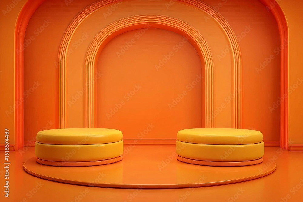 Aufkleber modern platform and minimal pedestal show stand with empty yellow product display in a 3d room backg