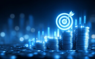 The concept of a financial graph and profit chart represents a business strategy for achieving a target of increasing wealth and revenue through digital marketing technology and stock on a 3d