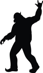 Silhouette of a Rocking Bigfoot A Cryptid Celebrating with a Rock On Hand Gesture Against a Plain White Background Creating a Bold and