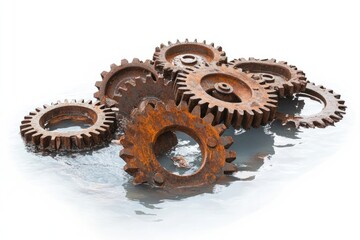 A cluster of rusted metal gears submerged in water, showcasing corrosion and mechanical relics in a surreal setting.