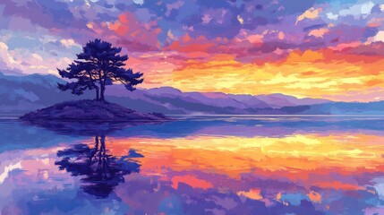 A tranquil island landscape at sunset, reflected in the calm water.