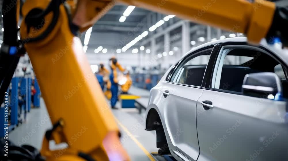 Poster automated robots welding a silver car body inside a factory with technicians and robotic arms in the