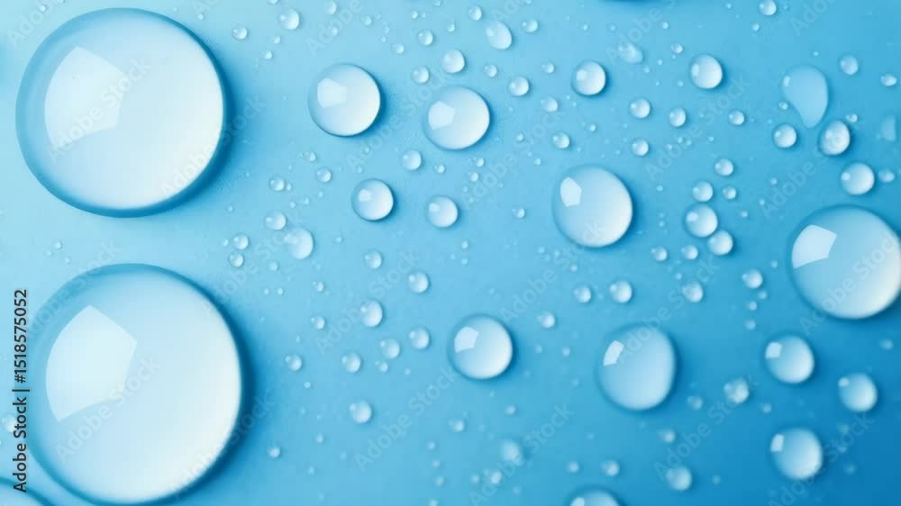 Poster macro shot of water droplets of various sizes on a light blue surface, creating a clean and refreshi