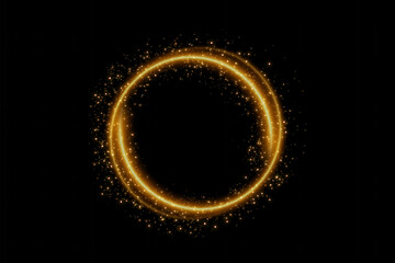 Vector effect of golden circle. Golden dust circle light. Light glittering circle with particles. Luminous fire trail on a transparent background
