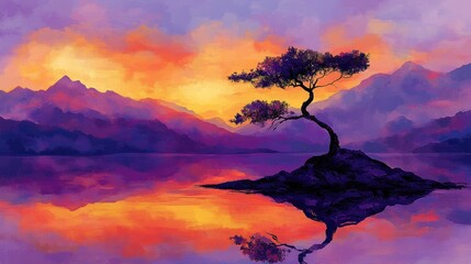 Colorful sunset over a tranquil lake with mountains and a single tree.