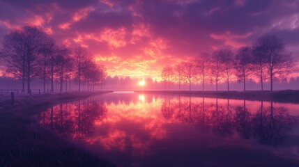 A serene, tranquil scene of a canal at sunrise, reflecting vibrant colors.