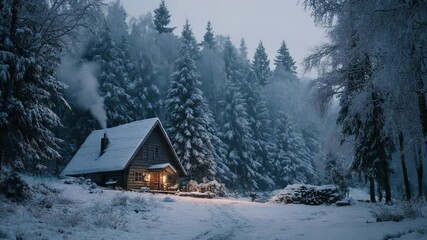 Snow-covered cabin nestled in a winter forest - Powered by Adobe
